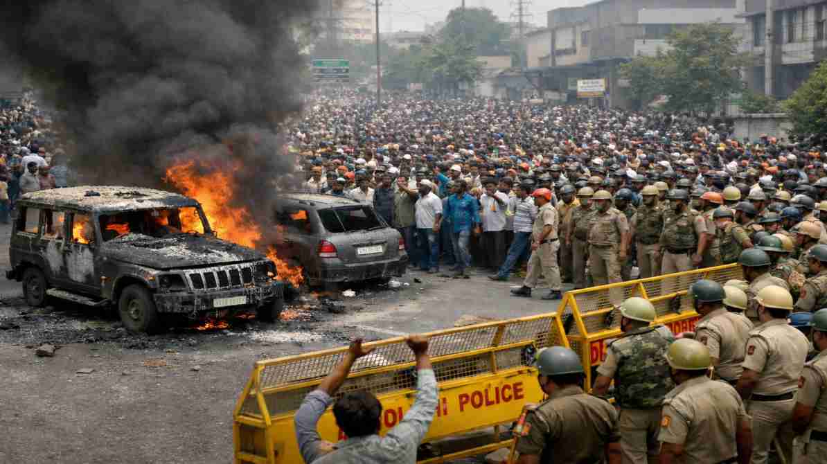 नोएडा के औद्योगिक क्षेत्र में हजारों मजदूर सड़कों पर उतरकर वेतन बढ़ोतरी की मांग करते हुए प्रदर्शन कर रहे हैं, जहां पुलिस और सुरक्षा बल तैनात हैं।