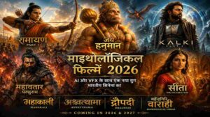 एक भव्य सिनेमाई दृश्य जिसमें पौराणिक किरदार, युद्ध और आधुनिक VFX इफेक्ट्स दिखाई दे रहे हैं।