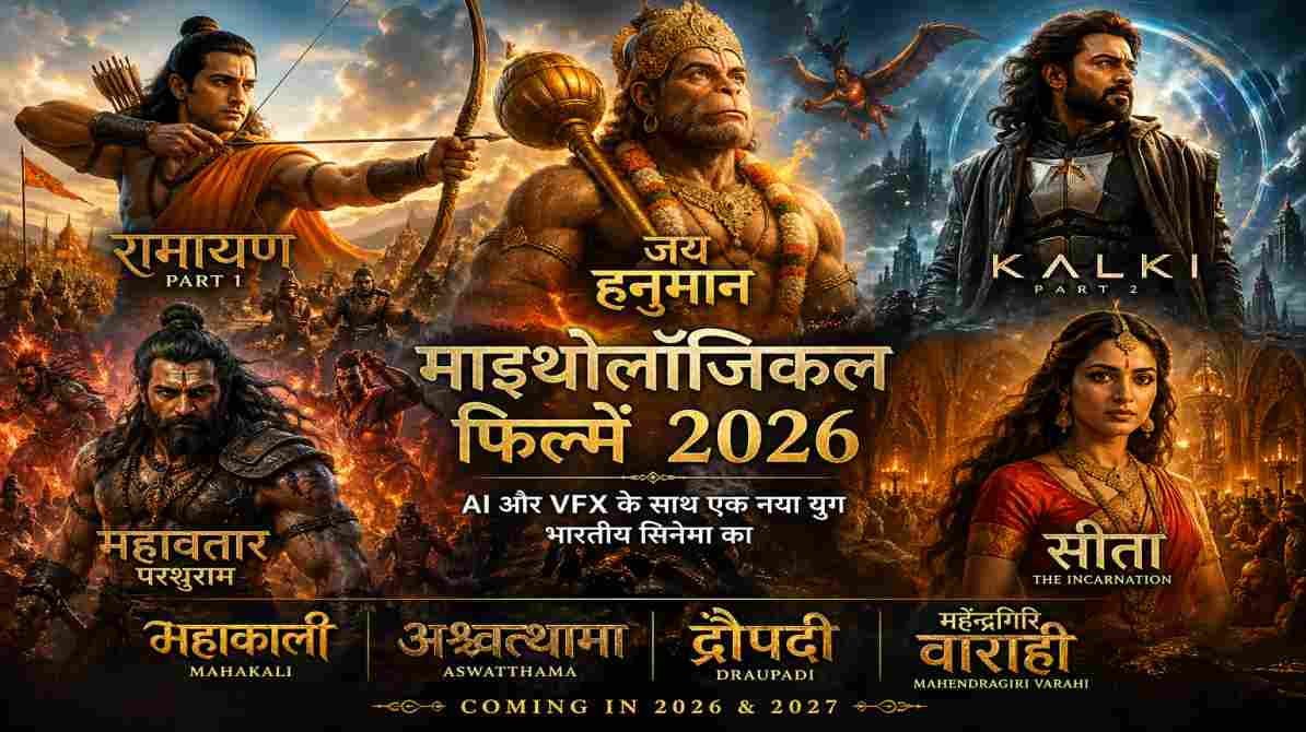 एक भव्य सिनेमाई दृश्य जिसमें पौराणिक किरदार, युद्ध और आधुनिक VFX इफेक्ट्स दिखाई दे रहे हैं।