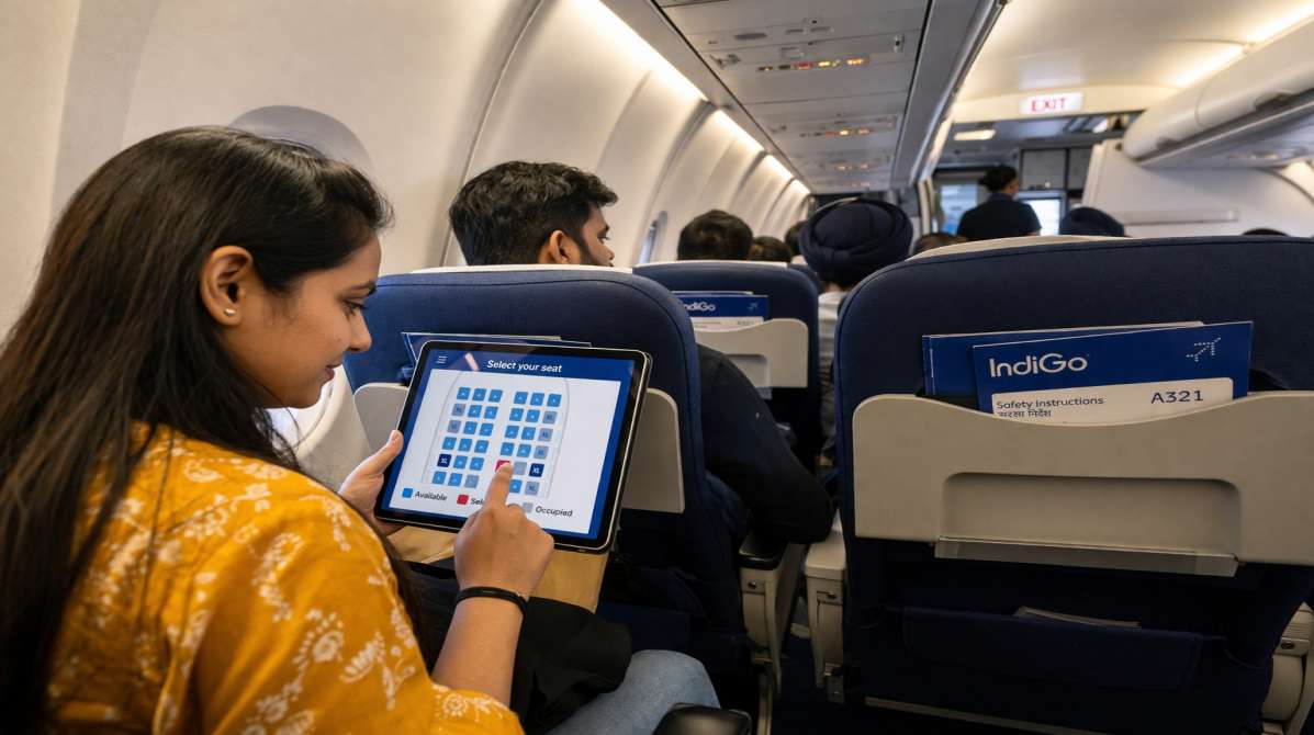 एयरक्राफ्ट के अंदर यात्री सीट चुनते हुए, जो फ्लाइट फ्री सीट नियम से जुड़ा दृश्य दिखाता है