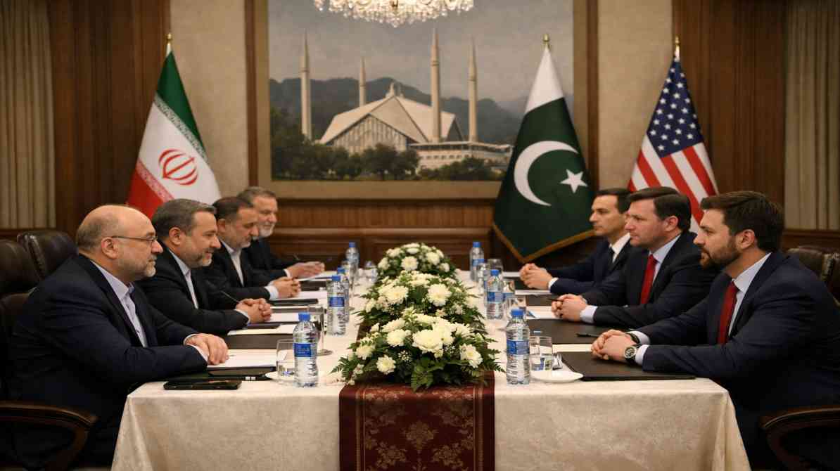 इस्लामाबाद में आयोजित ईरान और अमेरिका के प्रतिनिधिमंडल की उच्च स्तरीय बैठक का प्रतीकात्मक दृश्य