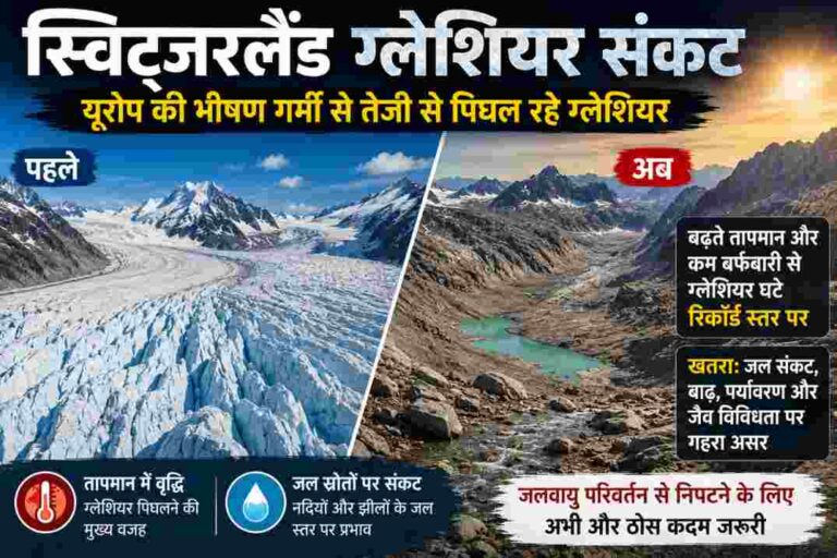 स्विट्जरलैंड ग्लेशियर संकट| यूरोप की भीषण गर्मी से तेजी से पिघल रहे ग्लेशियर
