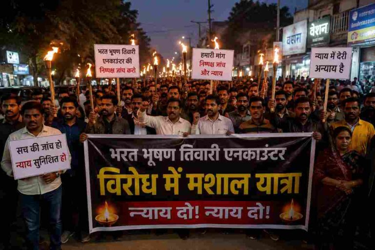 बस्ती में भरत भूषण तिवारी एनकाउंटर के विरोध में निकली मशाल यात्रा, लोगों ने की निष्पक्ष जांच की मांग